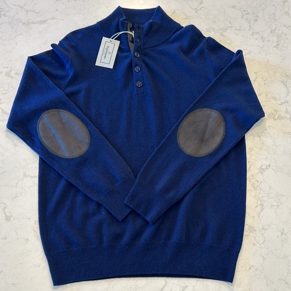 Cashmeren Premium Quality Men’s Large Navy 100% Cashmere Sweater Elbow Patches